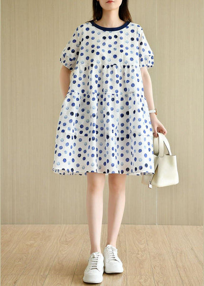Classy White Dot Print Summer Cotton Dress Short Sleeve