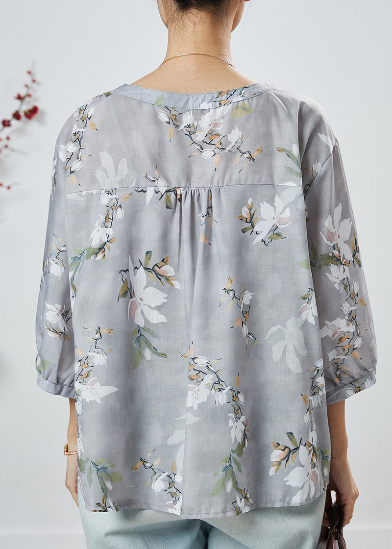 Grey O-neck Print Linen Blouses Half Sleeve
