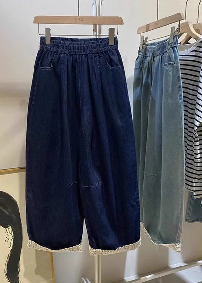 Light Blue Pockets Elastic Waist Crop Jeans Fall