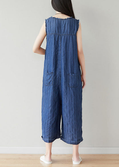 Classy Navy O-neck Striped Cotton Jumpsuits Wide Leg Pants Sleeveless