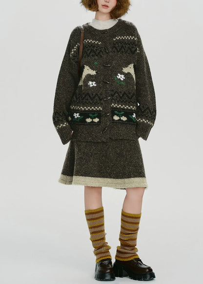 Handmade Tea Green Dog Jacquard Knit Two Pieces Set Spring