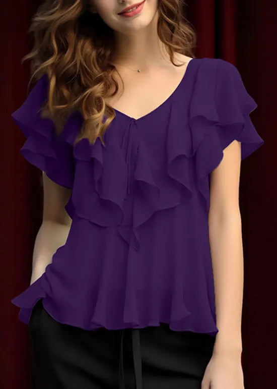 Grey Ruffled Patchwork Chiffon Blouses Summer