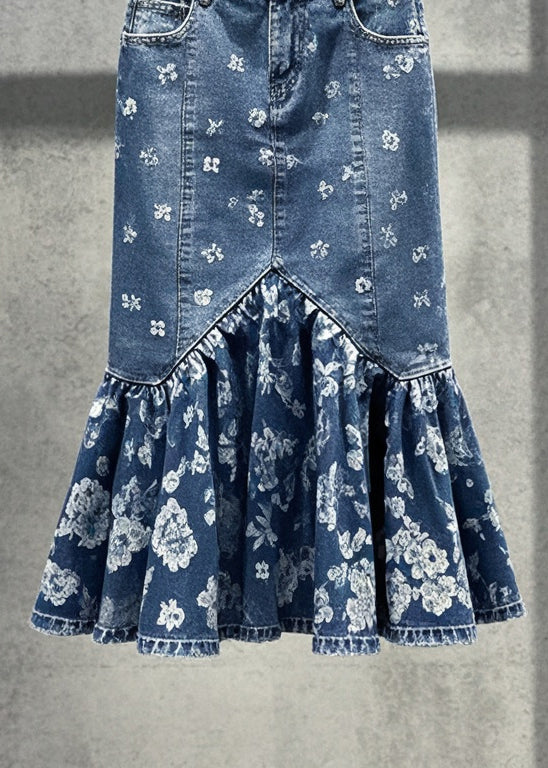 Blue Print Silm Fit Denim Wraped Skirts Fall