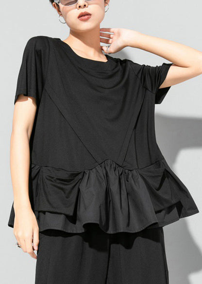 Modern Black O-neck Cinched Patchwork Pockets T Shirt Short Sleeve