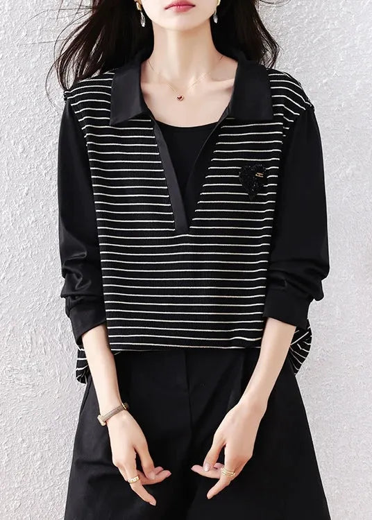 Original Black Peter Pan Collar Striped Patchwork Cotton Shirt Fall