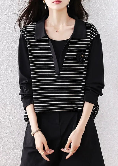 Original Black Peter Pan Collar Striped Patchwork Cotton Shirt Fall