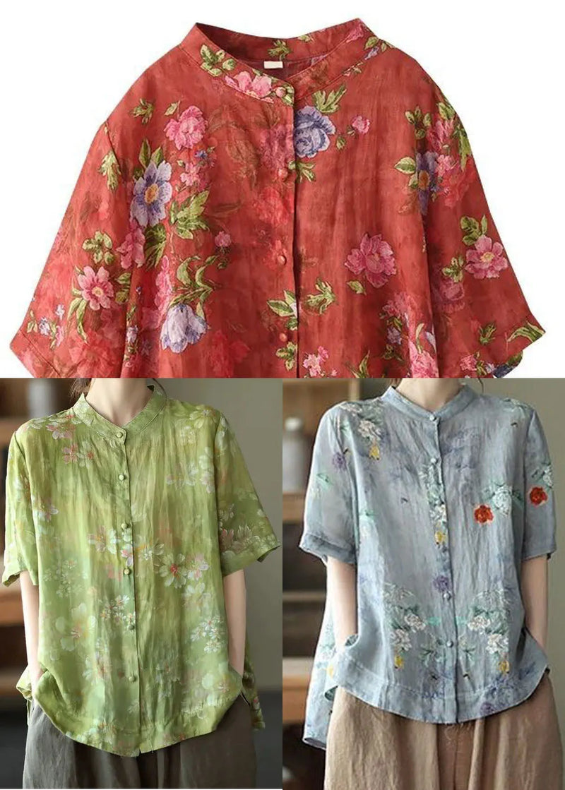 Blue Polka Dots Print Cotton Shirts Low High Design Short Sleeve