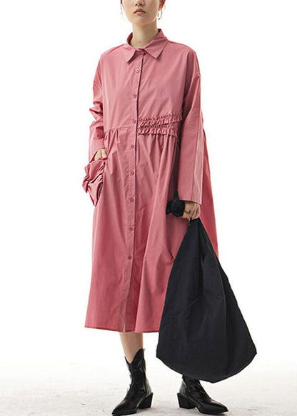 Pink Ruffled Patchwork Cotton Shirts Dresses Spring