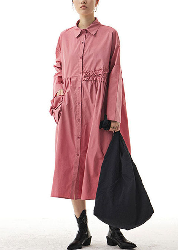 Pink Ruffled Patchwork Cotton Shirts Dresses Spring
