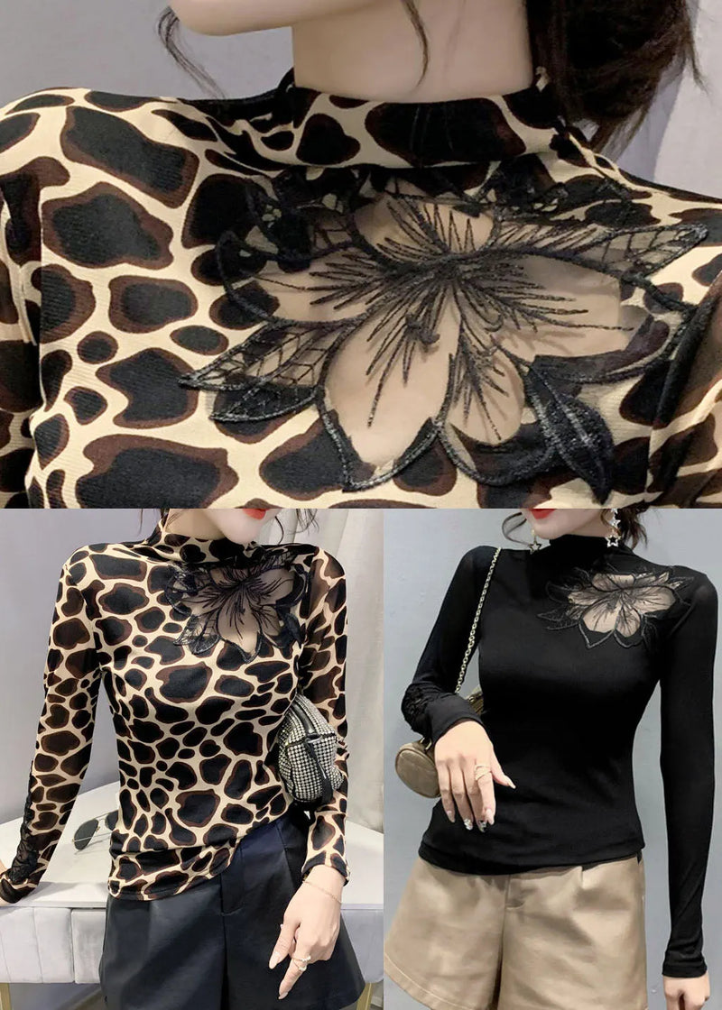 Black Stand Collar Tulle Patchwork Tops Spring