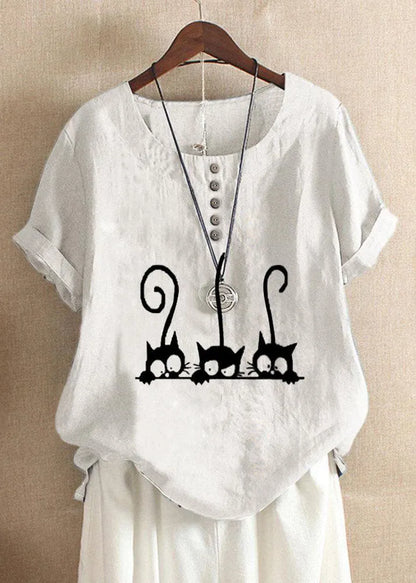 Cartoon Cat Print Crew Neck Short Sleeve Blouse