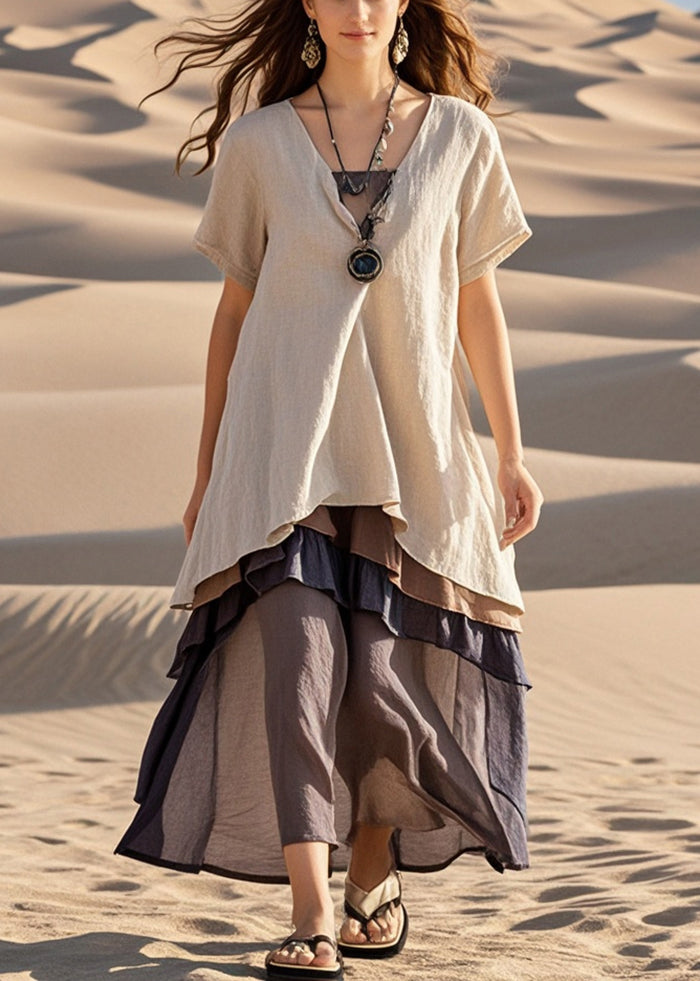 Apricot Oversized Patchwork Cotton Fake Two Piece Dress Summer