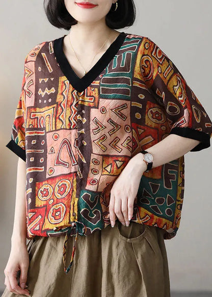 Boutique Red V Neck Print Drawstring Linen Tank Short Sleeve