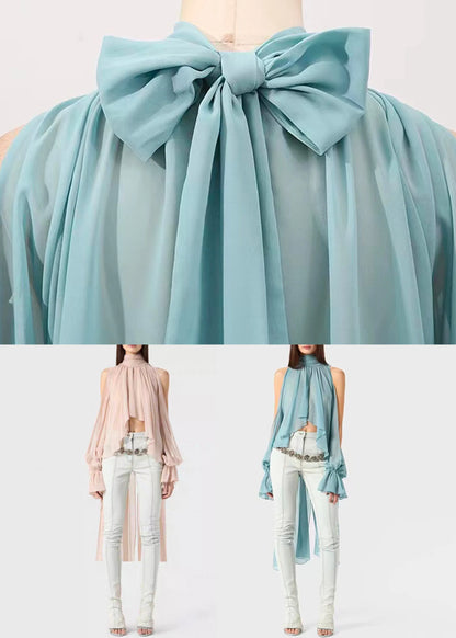 Pink Lace Up Chiffon Fall Shirt Asymmetrical