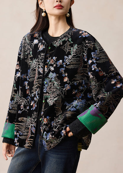 Black Embroidered Sequins Silk Velvet Coats Winter