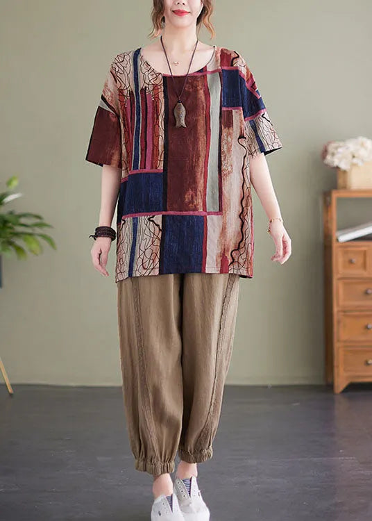 Chocolate Red Print Cotton Loose Tank Tops O-neck Short Sleeve