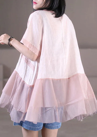 Pink O-neck Tulle Patchwork Cotton Linen Loose Tank Tops Short Sleeve