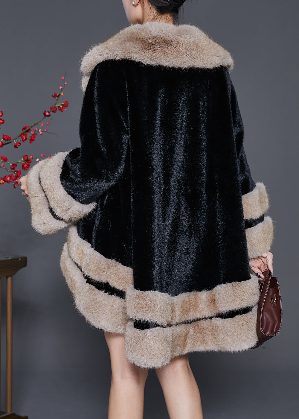 Black Fur Collar Oversized Fuzzy Fur Fluffy Coat Winter