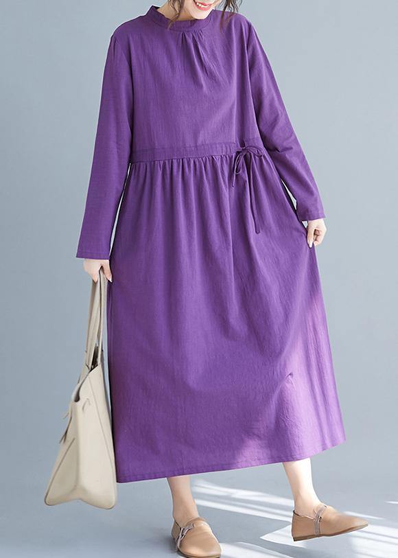 Purple Tunics Stand Collar Drawstring Spring Dress