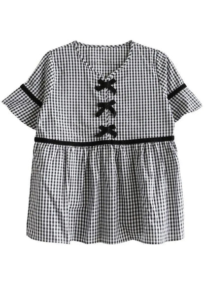 French Black White Plaid V Neck Summer Cotton Top Short Sleeve