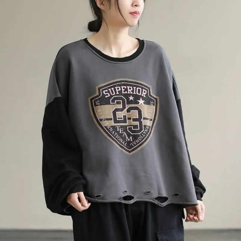 Gray Alphabet Prints Cotton Tunics for Patchwork Daily Spring Top