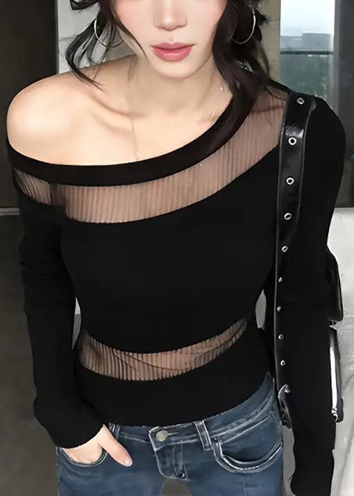Simple Black One Shoulder Patchwork Tulle Shirt Tops Summer
