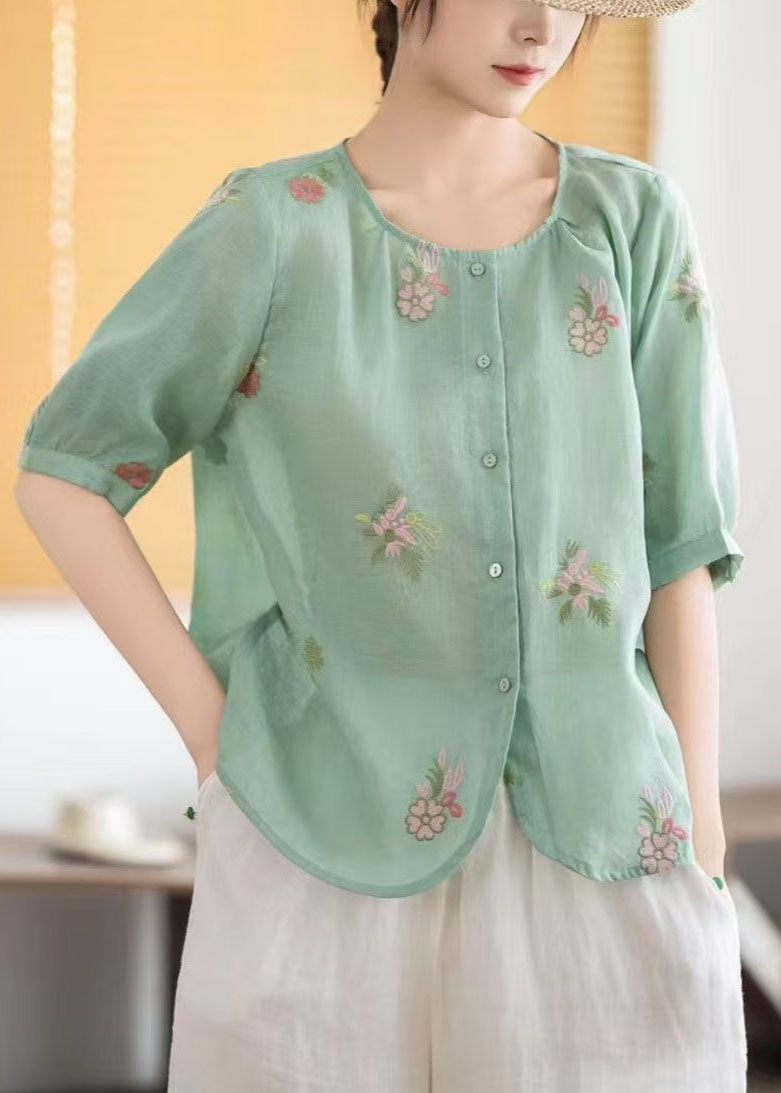 Green Embroidered Linen Top Half Sleeve