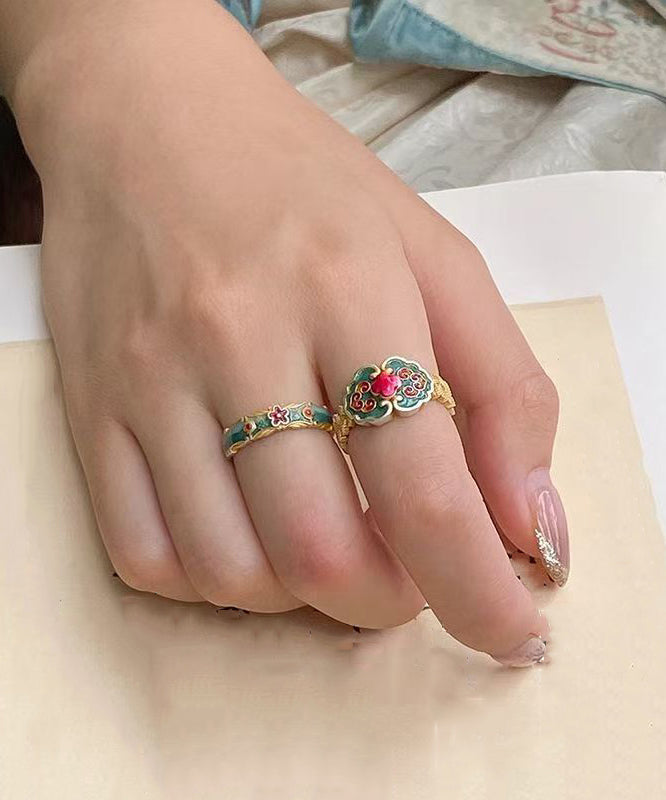 Retro Green Sterling Silver Enamel Rings Two-piece Set