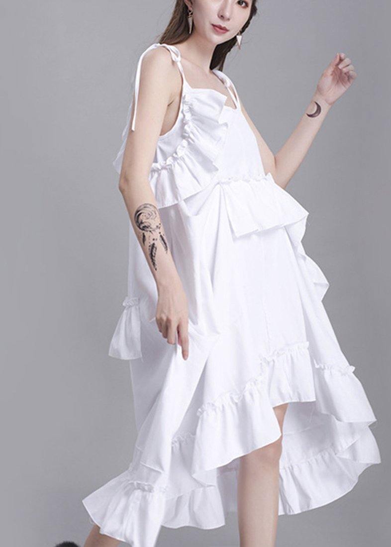 Classy White Summer Asymmetrical Design Cotton Spaghetti Strap Dress