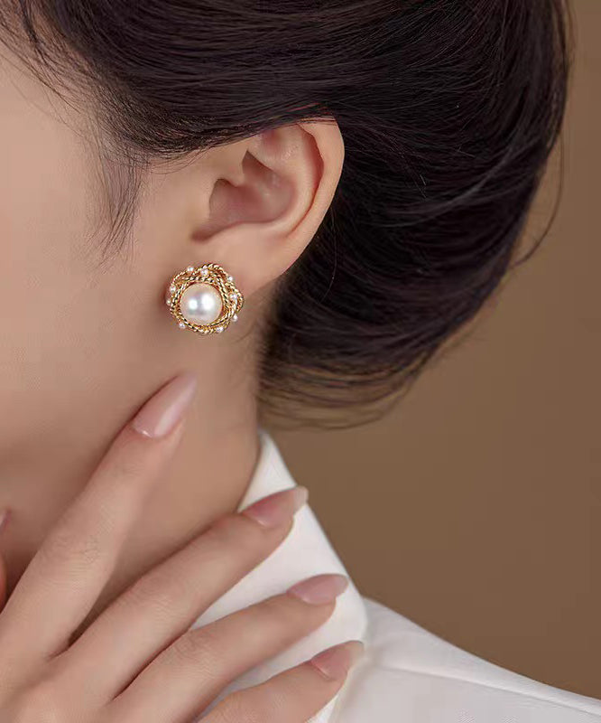 French Gold Copper Overgild Zircon Pearl Fried Dough Twist Stud Earrings