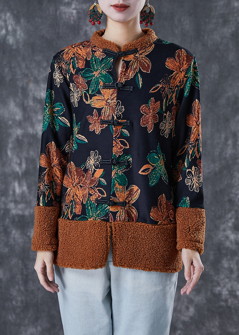 Black Print Patchwork Warm Fleece Coats Winter
