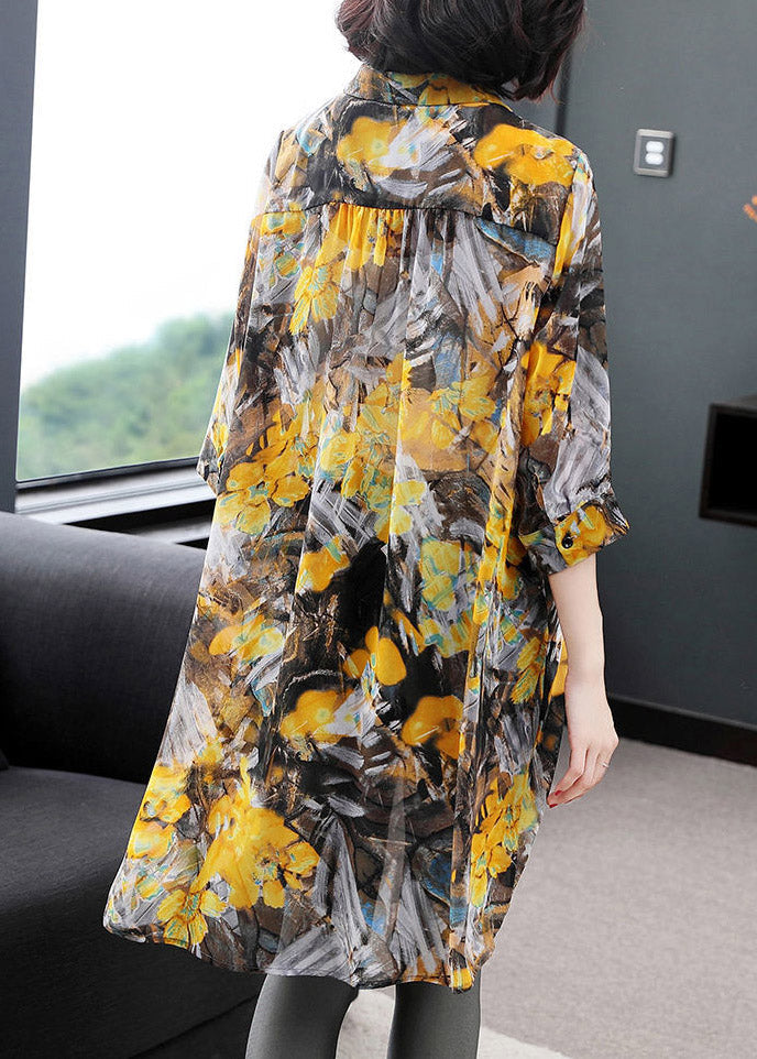Yellow Peter Pan Collar Print Button Chiffon Dress Bracelet Sleeve