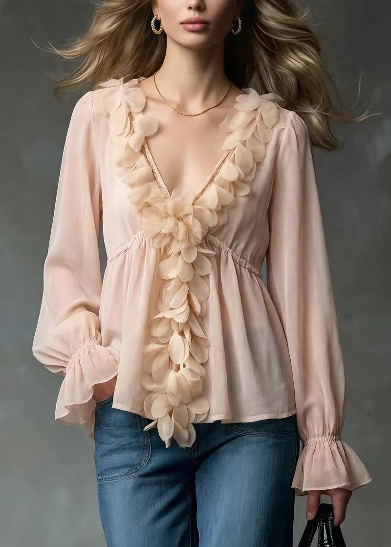 Art Pink V Neck Petal Chiffon Shirt Tops Spring