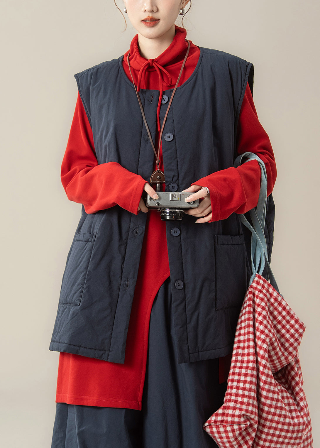 Navy Blue Patchwork Fine Cotton Filled Waistcoat and Red Top Two Piece Set Winter