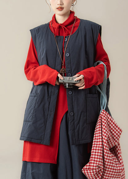 Navy Blue Patchwork Fine Cotton Filled Waistcoat and Red Top Two Piece Set Winter