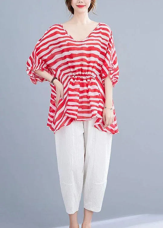 Red Print Wrinkled Summer Half Sleeve Shirt Top