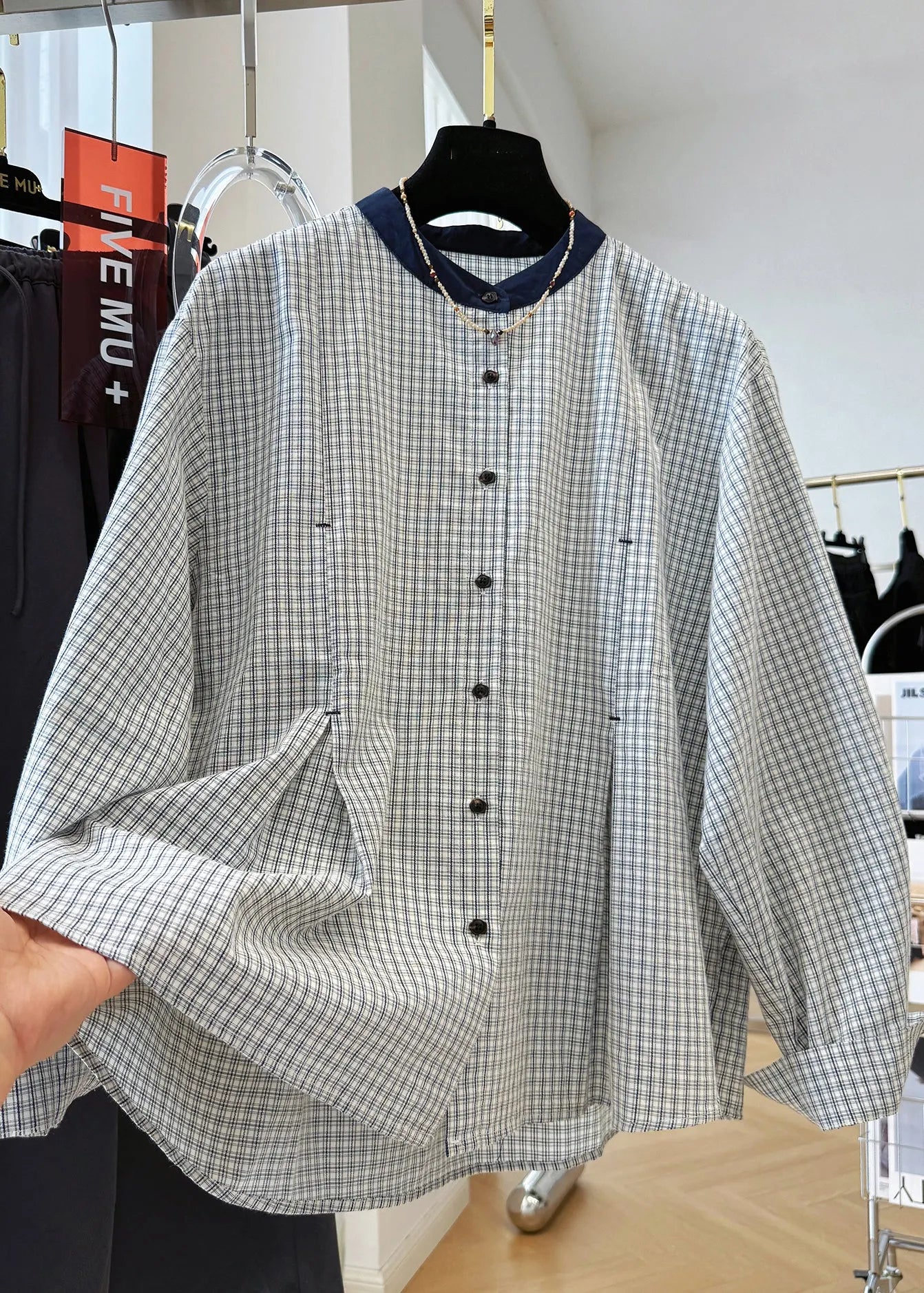 French O Neck Plaid Button Cotton Shirts Top Fall