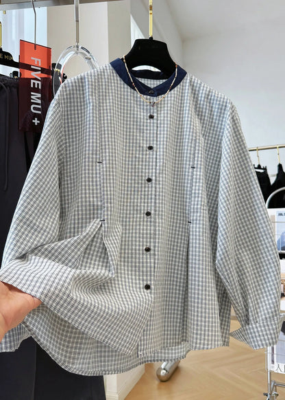 French O Neck Plaid Button Cotton Shirts Top Fall