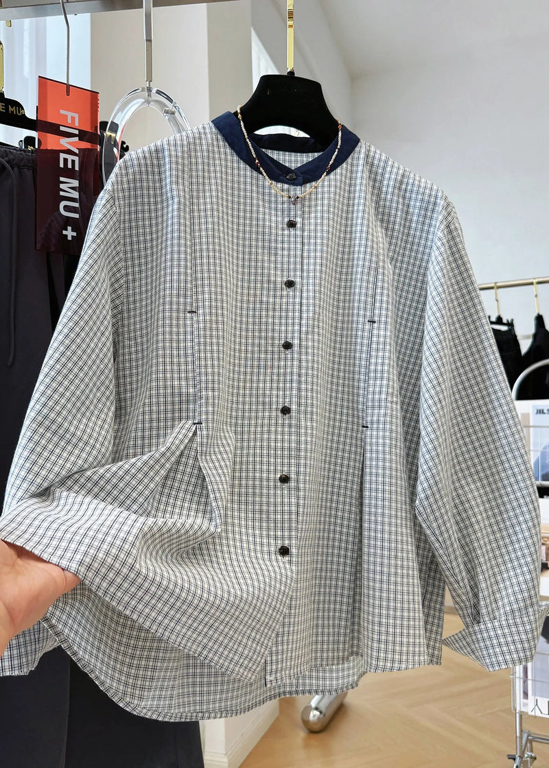 French O Neck Plaid Button Cotton Shirts Top Fall