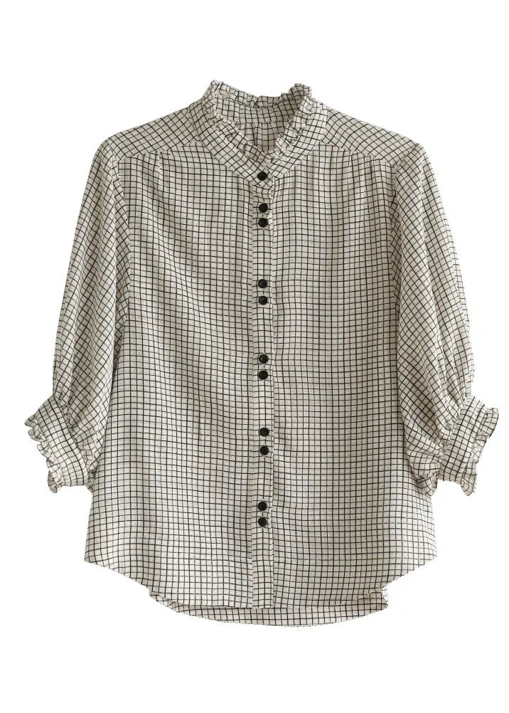Black White Plaid Ruffled Button Shirt Top Bracelet Sleeve