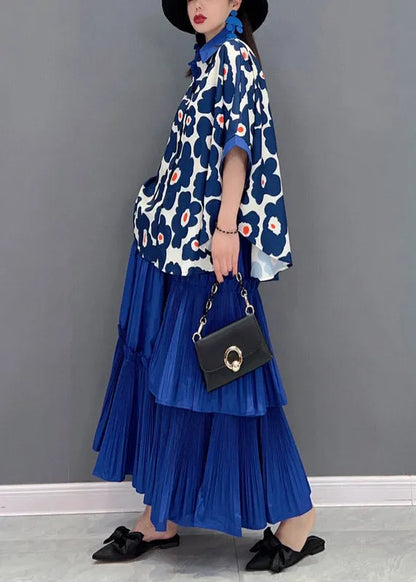 Italian Blue Peter Pan Collar Ruffled Patchwork Print Chiffon Shirts and Skirts Two Pieces Short Sleeve