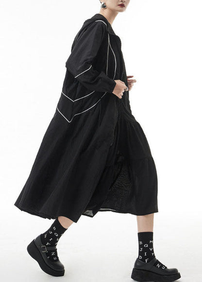 French Black Zippered Drawstring Hooded Trench Coats Spring
