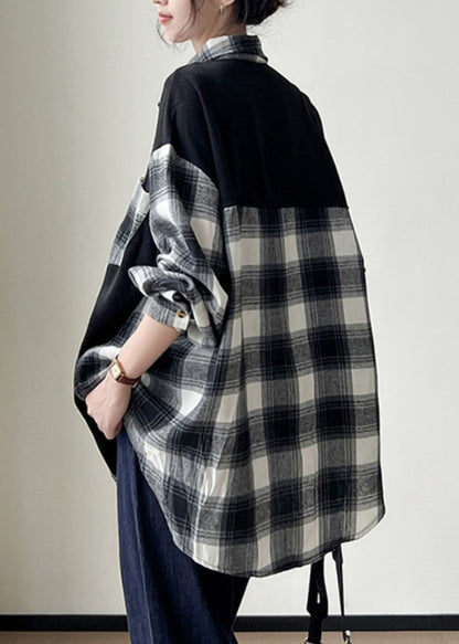 Black Plaid Button Patchwork Cotton Shirts Fall