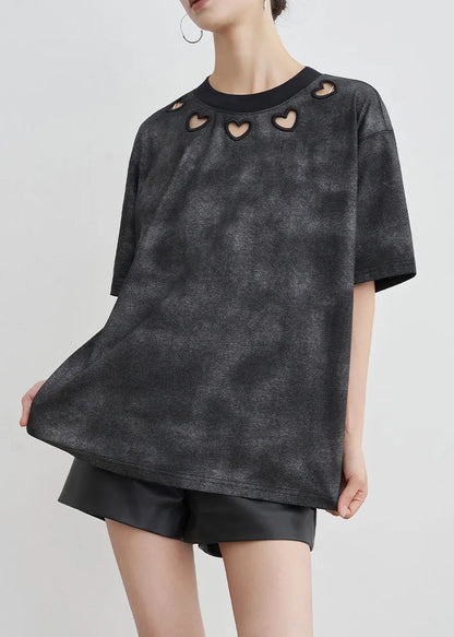 Black O Neck Hollow Out Cotton T Shirt Summer