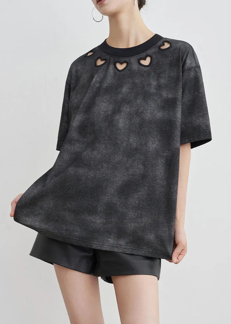 Black O Neck Hollow Out Cotton T Shirt Summer