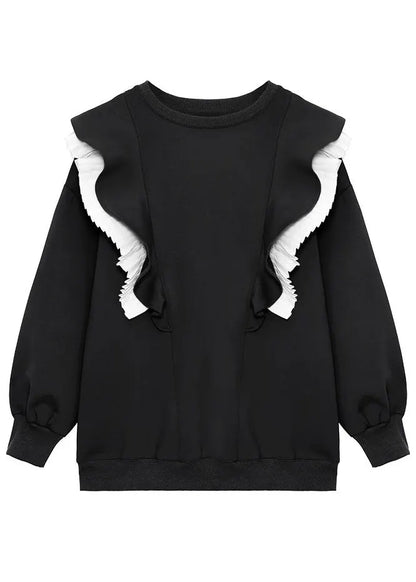 Khaki O-neck Retro Ruffled Patchwork Fall Sweatshirt Street Wear