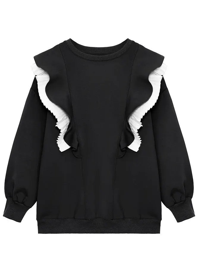 Khaki O-neck Retro Ruffled Patchwork Fall Sweatshirt Street Wear