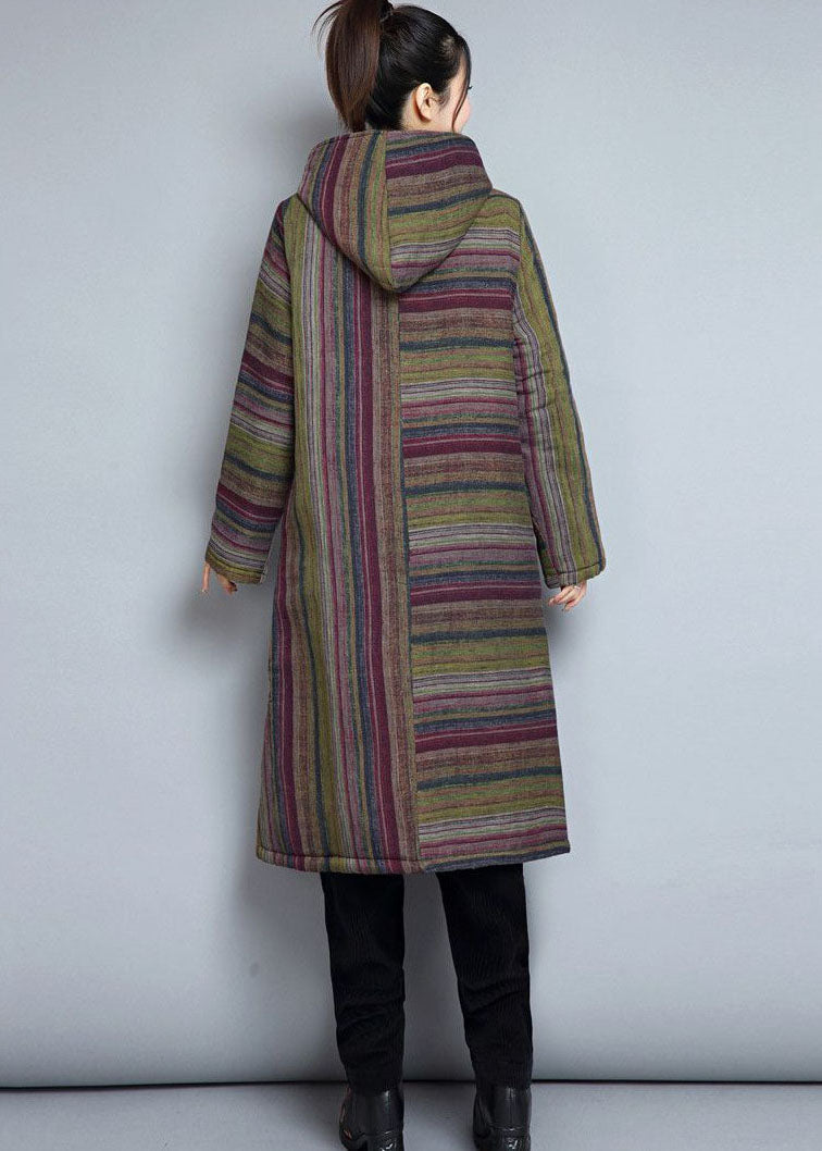 Khaki Hooded Pockets Striped Fine Cotton Filled Witner Coats
