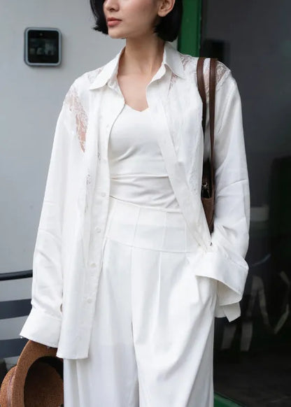 White Button Lace Cotton Fall Shirt Peter Pan Collar