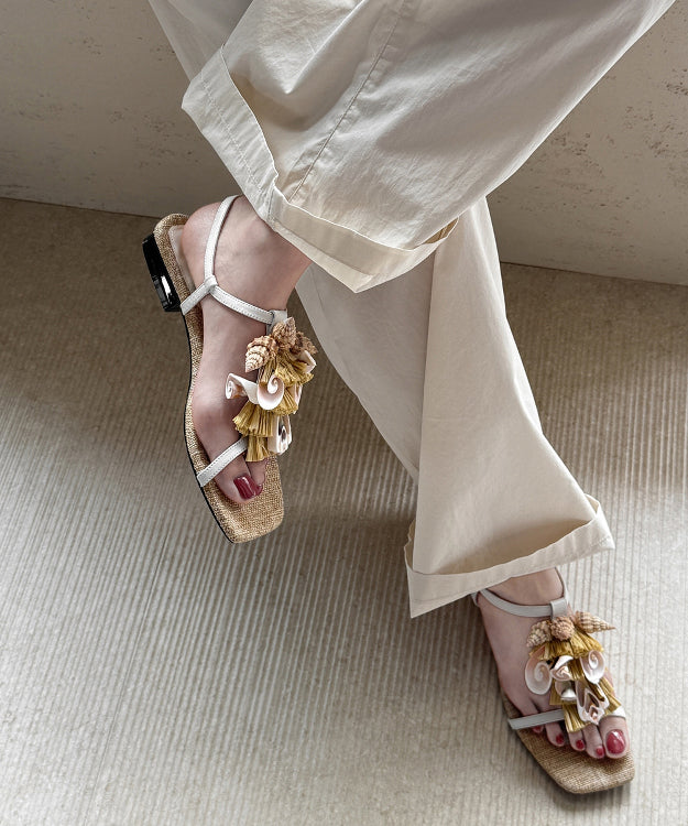 Beige Sheepskin Tassel Splicing Water Sandals Peep Toe